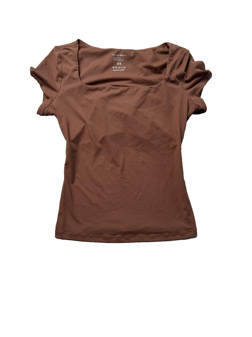 Trendy Queen Shirt Womens XS Brown Short Sleeve Stretch Square Neck Fitted Top